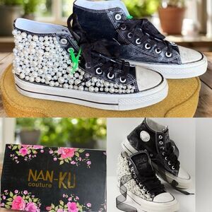 NEW NAN KU Free People Pearl Crush Hi-Top Sneakers Black White Pearls Size 41